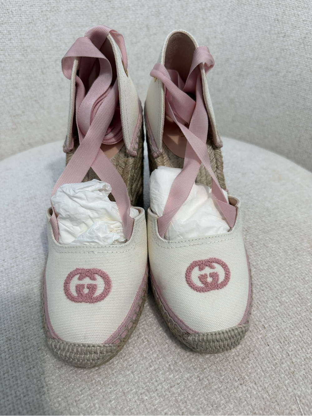 Gucci Women's Pink and White Espadrille Wedge - Picture 6 of 12